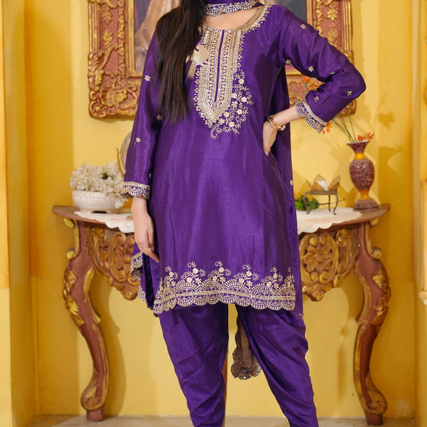 Lehenga Mart Designer Chinon Dhoti Suit With Sequence Embroidered Work - Purple - Distacart