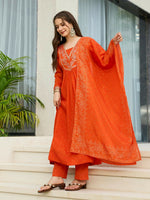 Thumbnail for The52 Orange Women's Gorgeous Embroidered Chinon Fabric Flared Kurta Pant and Dupatta Set - Distacart
