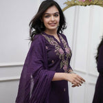 Thumbnail for The52 Women's Beautiful Rayon Slub Fabric Embroidery Work Straight Kurta Pant and Dupatta Set - Distacart
