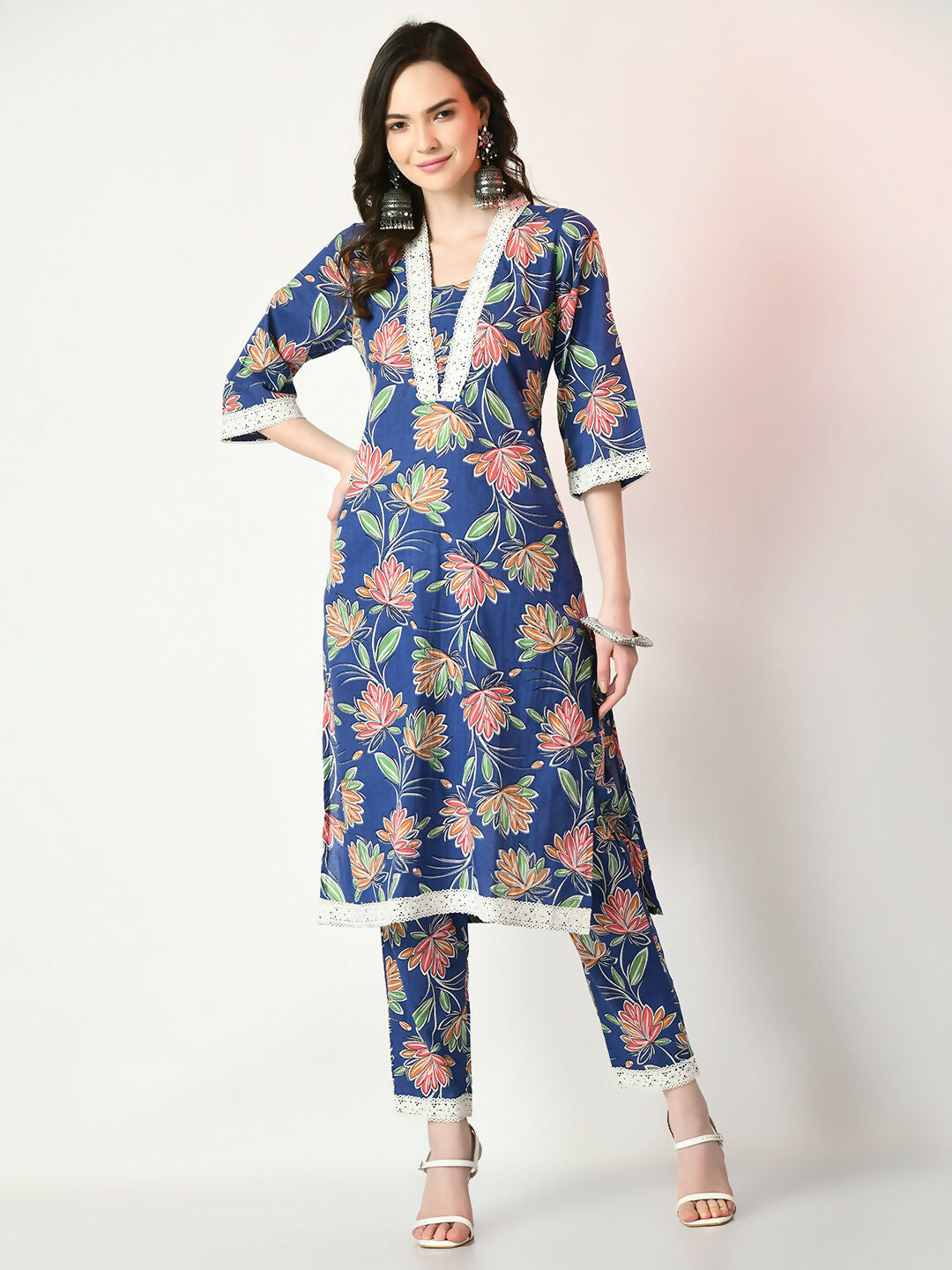 Myshka Women's Blue Printed Kurta With Trousers - Distacart