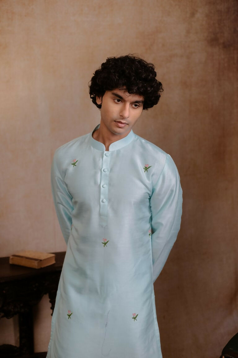 Falling Raw Silk Sea Green Vrindavan Lotus Kurta By Hilo Design - Distacart