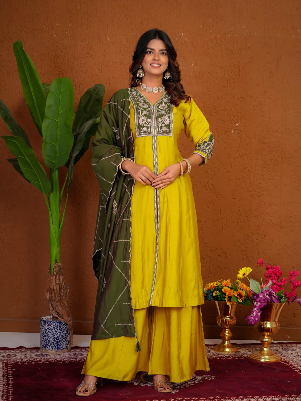 Lehenga Mart Designer Anarkali Suit With Kurta Palazzo Dupatta For Women-Mustard Yellow - Dista