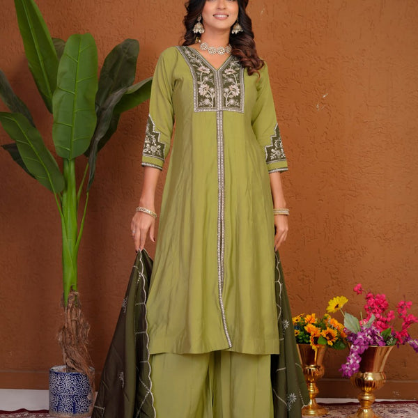 Lehenga Mart Designer Anarkali Suit With Kurta Palazzo Dupatta For Women-Olive Green - Dista