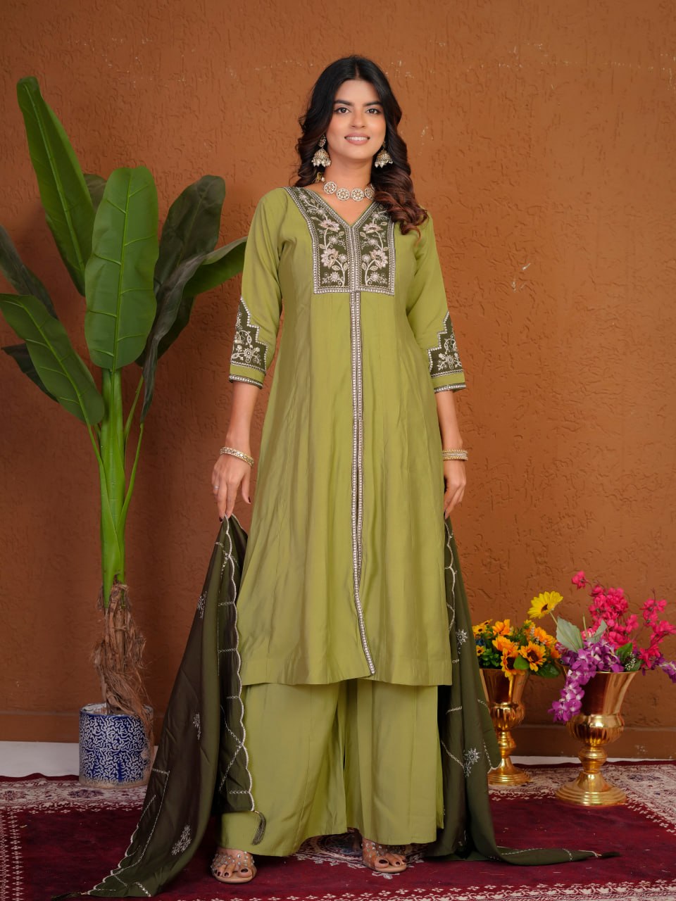 Lehenga Mart Designer Anarkali Suit With Kurta Palazzo Dupatta For Women-Olive Green - Dista