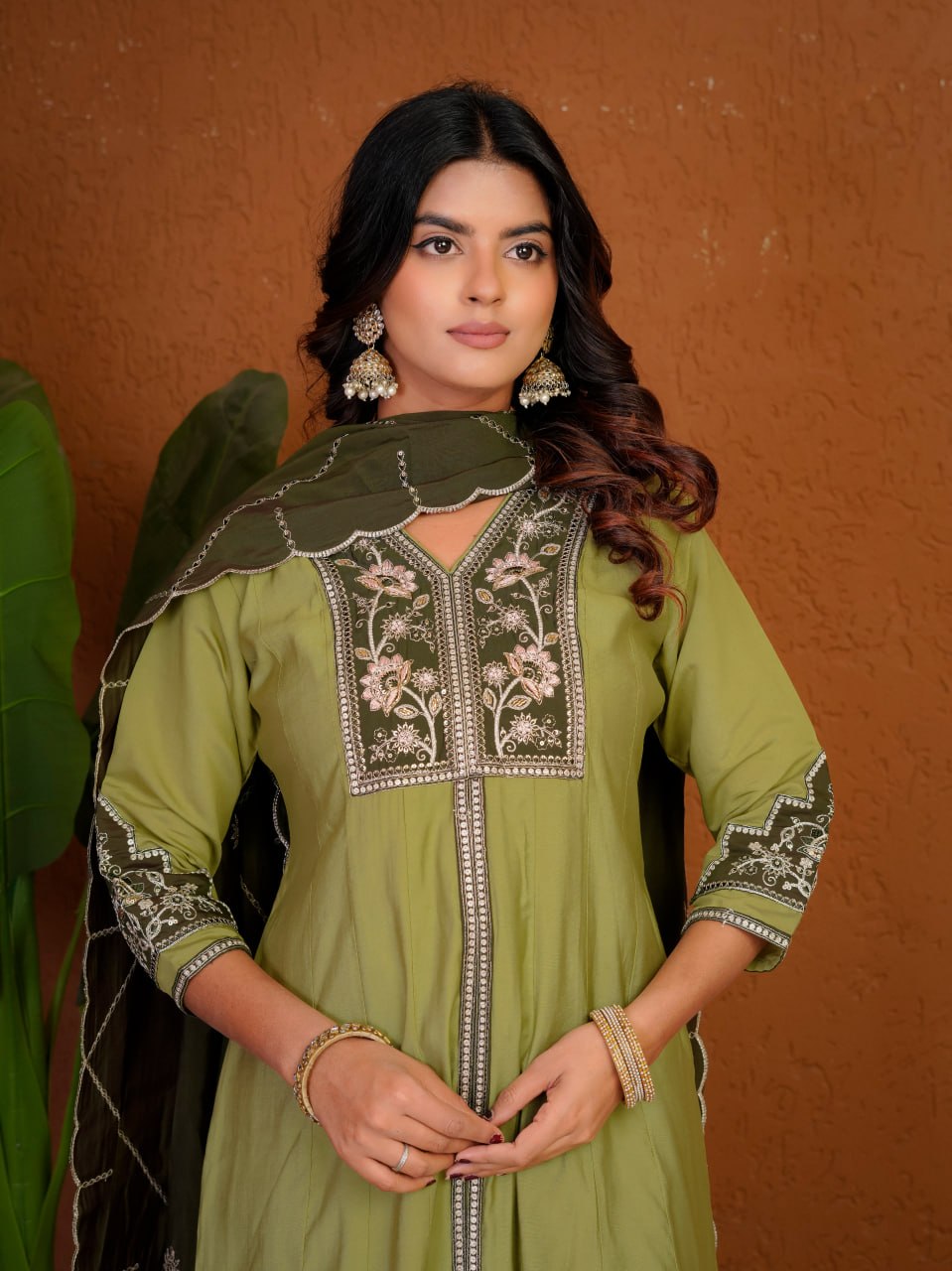 Lehenga Mart Designer Anarkali Suit With Kurta Palazzo Dupatta For Women-Olive Green - Dista