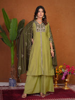 Thumbnail for Lehenga Mart Designer Anarkali Suit With Kurta Palazzo Dupatta For Women-Olive Green - Dista