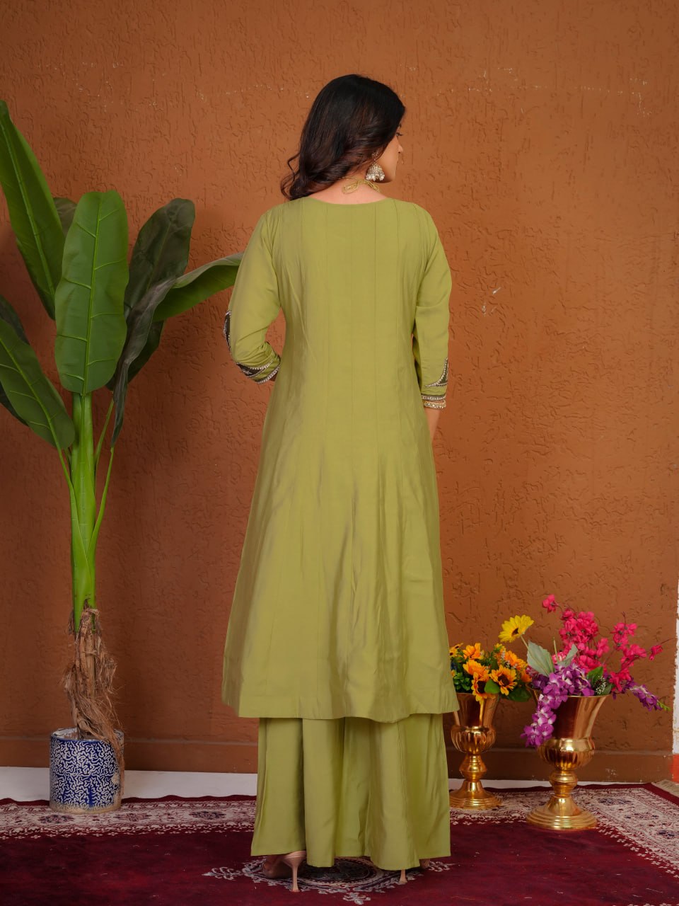 Lehenga Mart Designer Anarkali Suit With Kurta Palazzo Dupatta For Women-Olive Green - Dista