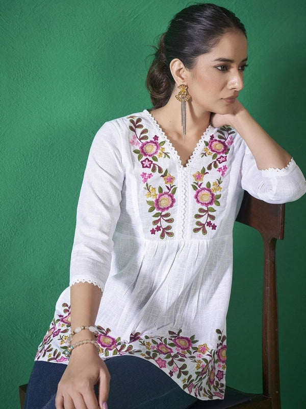 Anouk White and Pink Floral Embroidered Thread Work Cotton A-Line Kurta