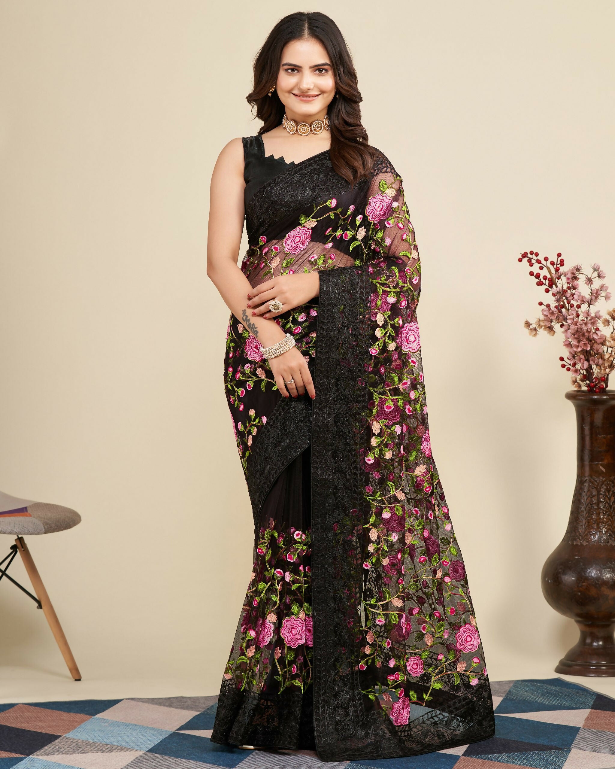 Teeya Creation Womens Latest Stylish Party Wear Soft Net Saree-Black - Dista