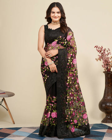 Teeya Creation Womens Latest Stylish Party Wear Soft Net Saree-Black - Dista