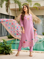 Thumbnail for The52 Lavender Women's Gorgeous Embroidered work Viscose Gadhwal Fabric Straight Kurta, Pant and Dupatta Set - Distacart