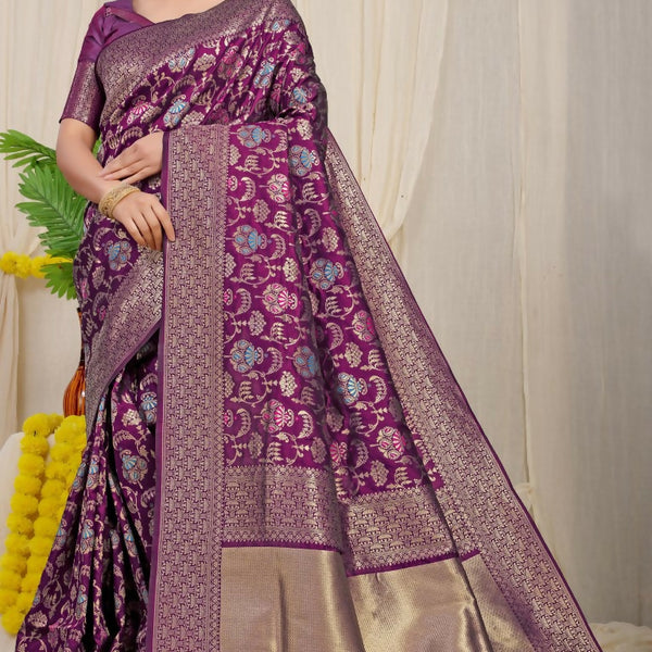 Jyoti Fashion Women's Wine Kanjivaram Silk Zari Woven Saree with Blouse - Distacart