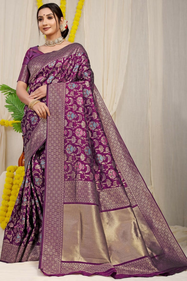 Jyoti Fashion Women's Wine Kanjivaram Silk Zari Woven Saree with Blouse - Distacart