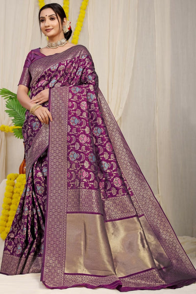 Jyoti Fashion Women's Wine Kanjivaram Silk Zari Woven Saree with Blouse - Distacart
