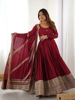 Thumbnail for The52 Women's Gorgeous Chinon Silk Fabric Embroidery Work Flared Anarkali Pant and Dupatta Set - Distacart