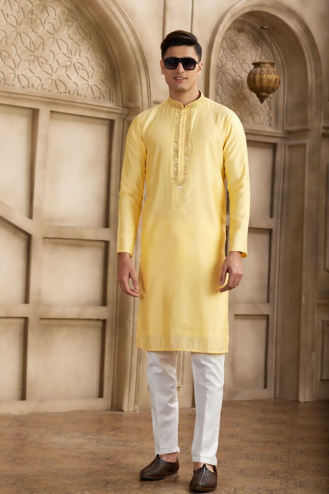 Raivat Ethnic Banarasi Art Silk Mirror Work Kurta Pajama In Yellow Colour