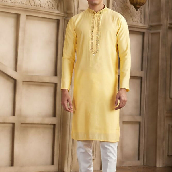 Raivat Ethnic Banarasi Art Silk Mirror Work Kurta Pajama In Yellow Colour