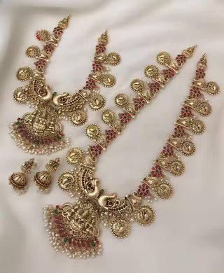Jewel City Antique Gold Temple Jewelry Set for Women | Lakshmi Coin Haram & Choker with Jhumka Earrings | Bridal South Indian Jewellery