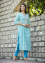 Thumbnail for Kaajh Women's Sky Blue Floral Printed Cotton Kurta Pant Set - Distacart