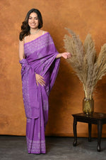 Thumbnail for Very Much Indian Handblock Printed Cotton Saree With Natural Dyes - Purple - Distacart