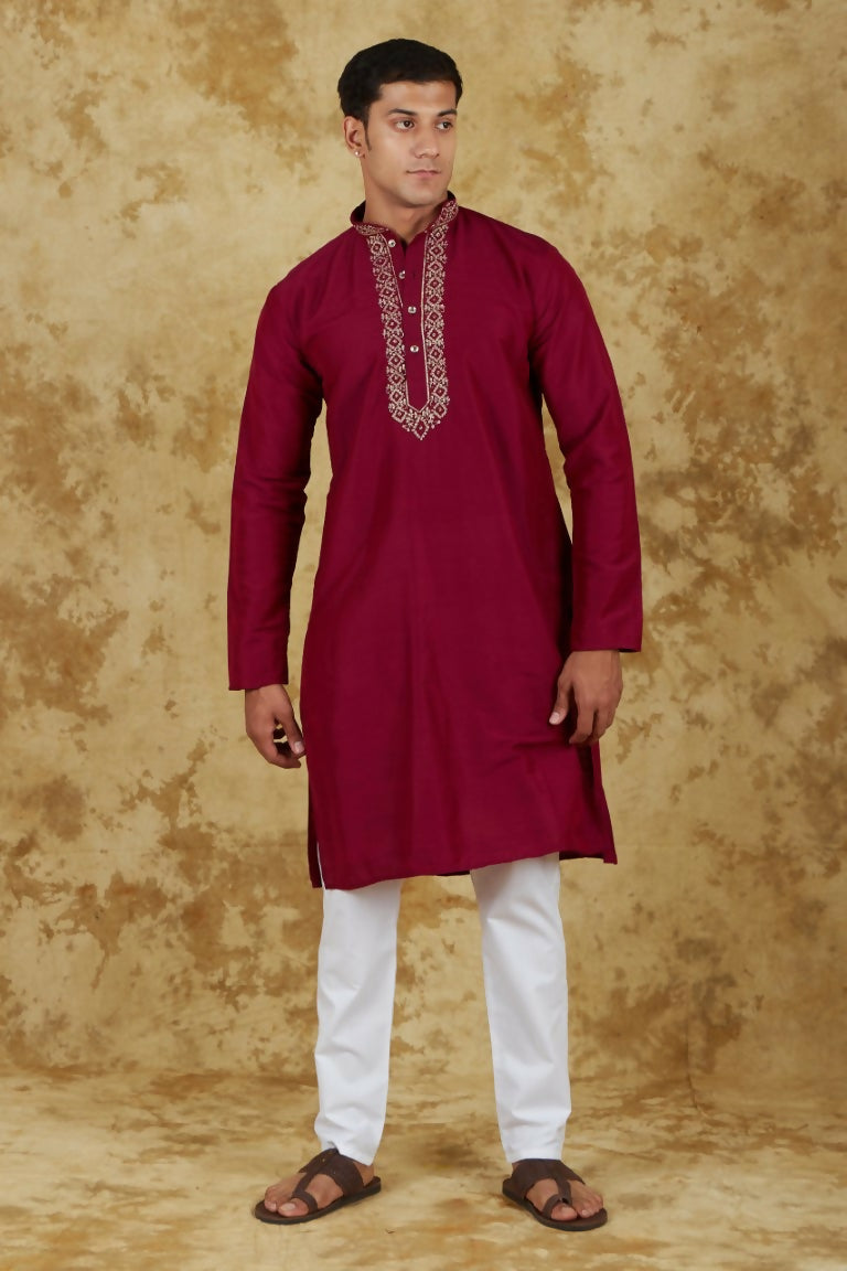 Bluesaanchi Men's Handloom Embroidered Crimson Kurta Set - Distacart