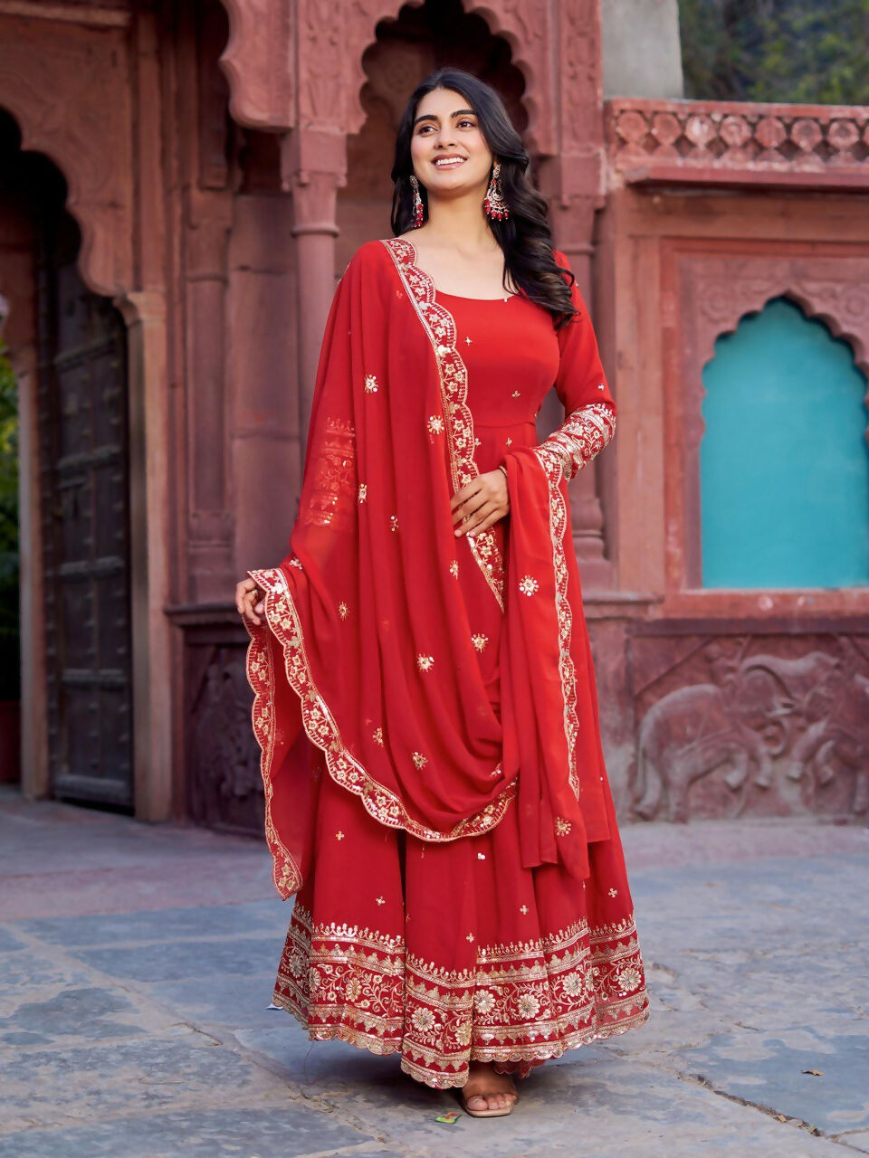 The52 Women's Beautiful Faux Georgette Fabric Embroidery Work Flared Anarkali Pant and Dupatta Set - Distacart