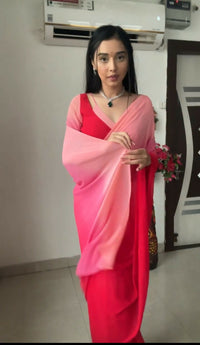 Thumbnail for Malishka Georgette Printed Ready To Wear Saree With Blouse Piece - Pink Red - Distacart