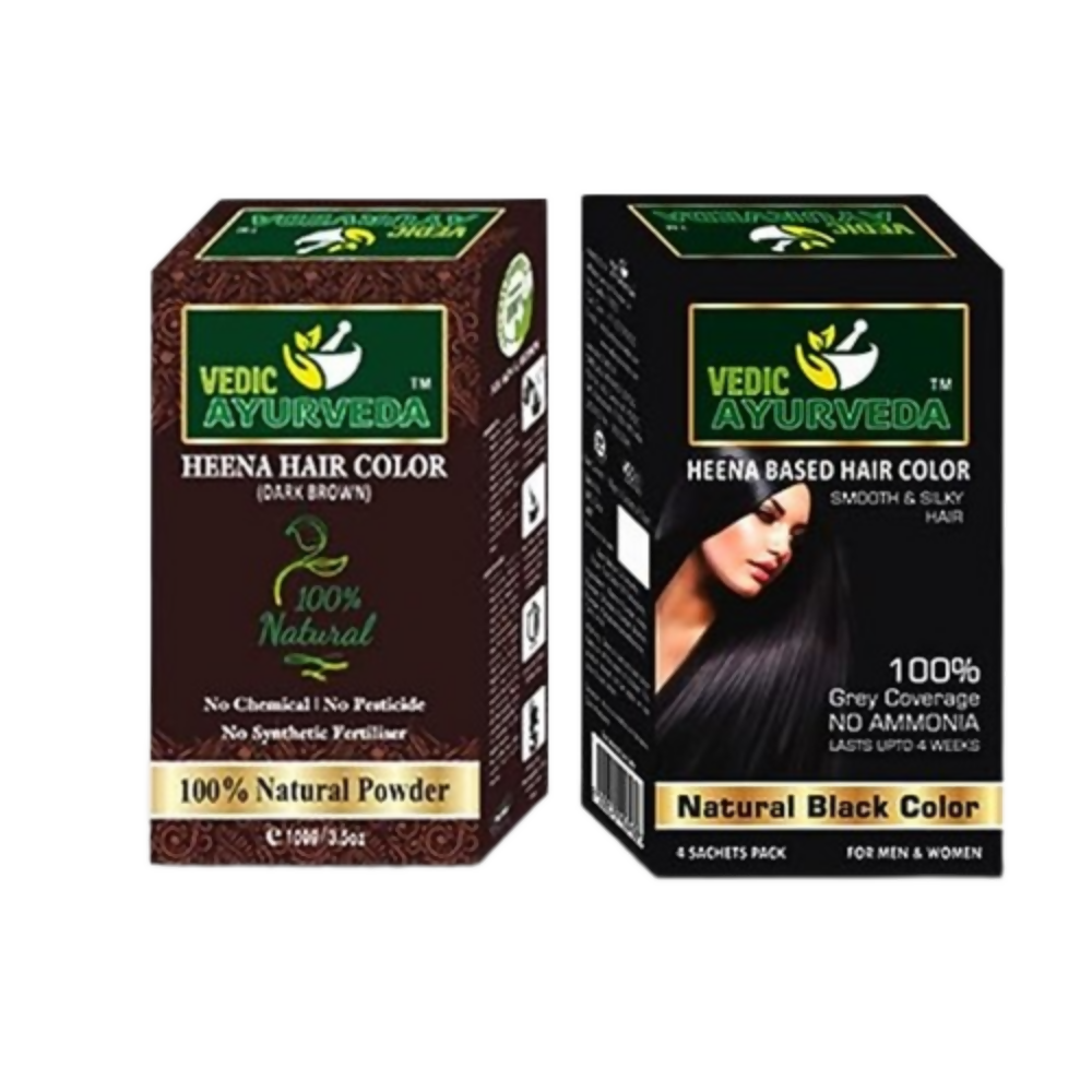 VedicAyurveda Natural Henna Dark Brown & No Ammonia Black Hair Color Powder - Dista
