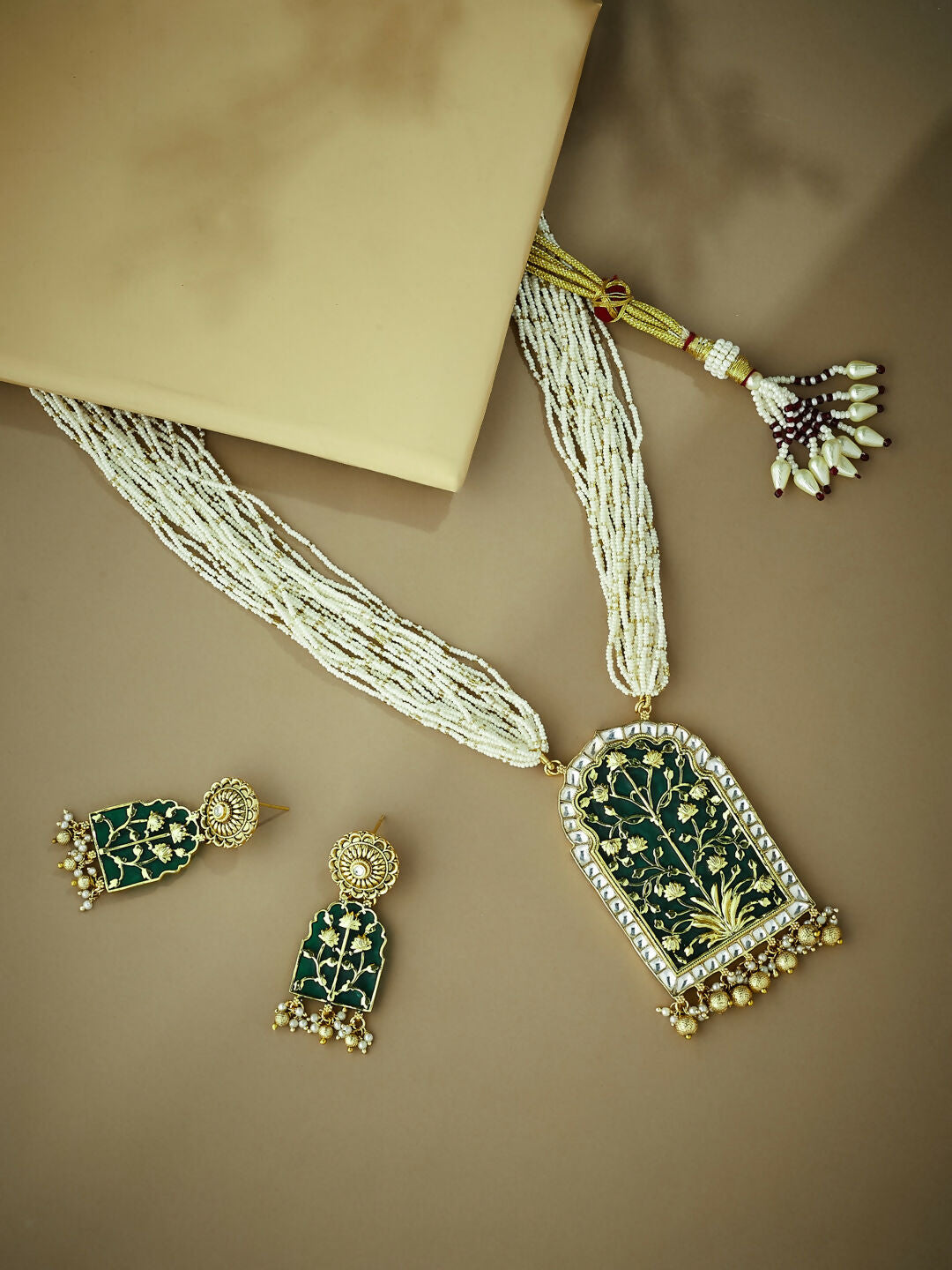 Nuyug 22K Gold-Plated Pearl Beaded Strings Green Enamel Pendant with Floral Motifs Necklace Set - Distacart