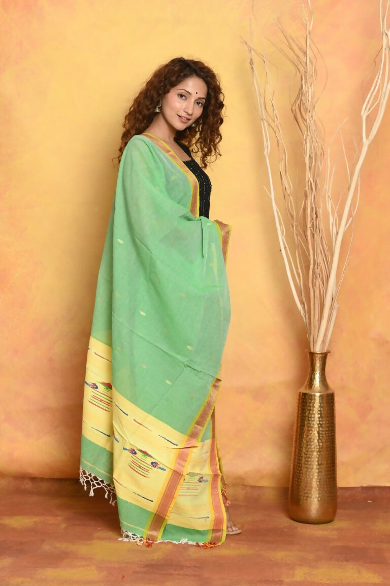 Very Much Indian Handloom Pure Cotton Paithani Dupatta - Green - Distacart