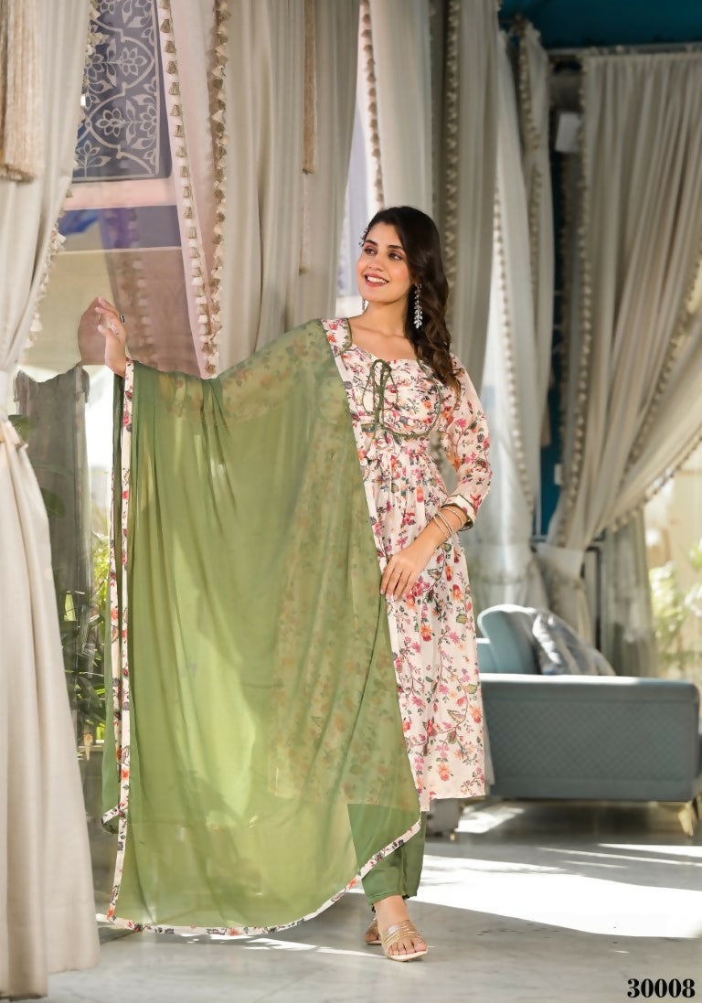 Designer Stylish Cream Slim Georgette Stitched Suit With Dupatta - Kiyara - Distacart