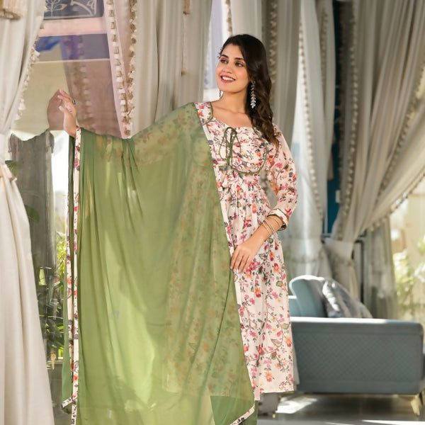 Designer Stylish Cream Slim Georgette Stitched Suit With Dupatta - Kiyara - Distacart