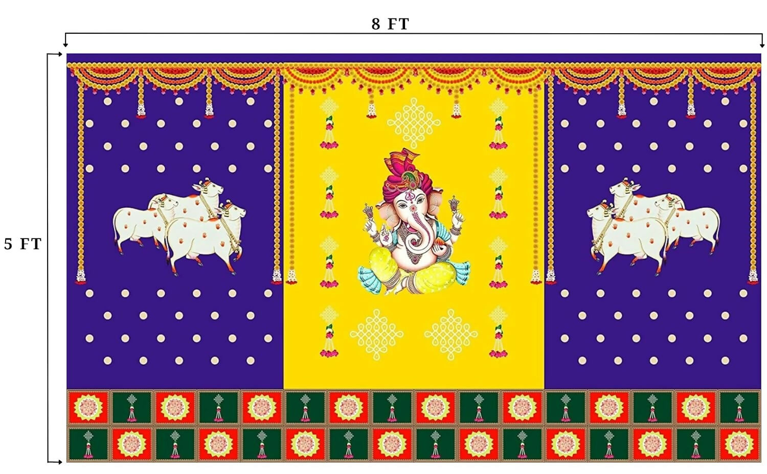 Sri Yagnaa M 30 – Ganesh & Gomatha Blue-Yellow Backdrop Cloth, 8 x 5 Ft - Dista