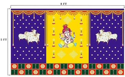 Sri Yagnaa M 30 – Ganesh & Gomatha Blue-Yellow Backdrop Cloth, 8 x 5 Ft - Dista