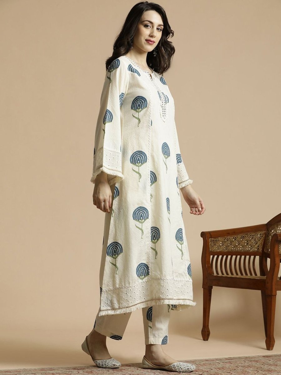 Anouk Floral Printed Regular Mirror Work Pure Cotton A-Line Kurta with Palazzos