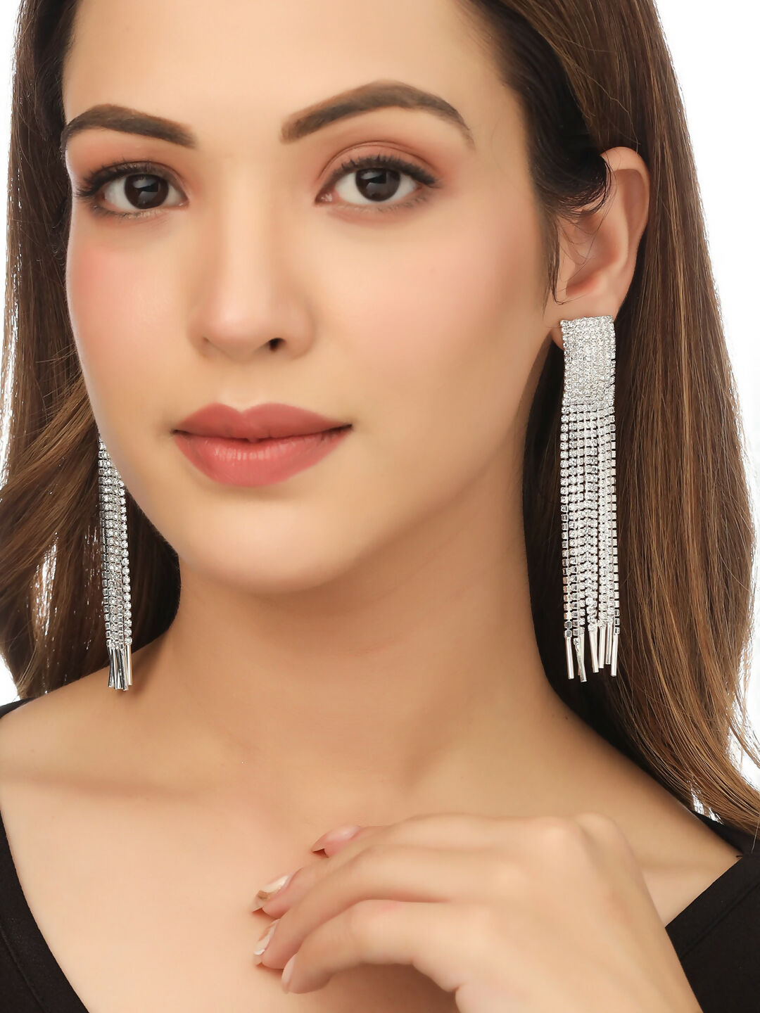 NVR Women Silver Toned Contemporary Ad Studded Drop Earrings - Distacart