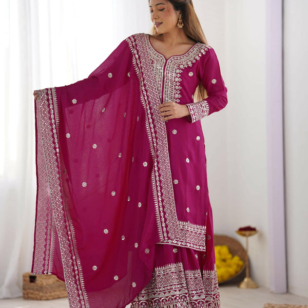 Teeya Creation Pink Color Chinon Silk Heavy Embroidery Work Fully Stitched Salwar Suit