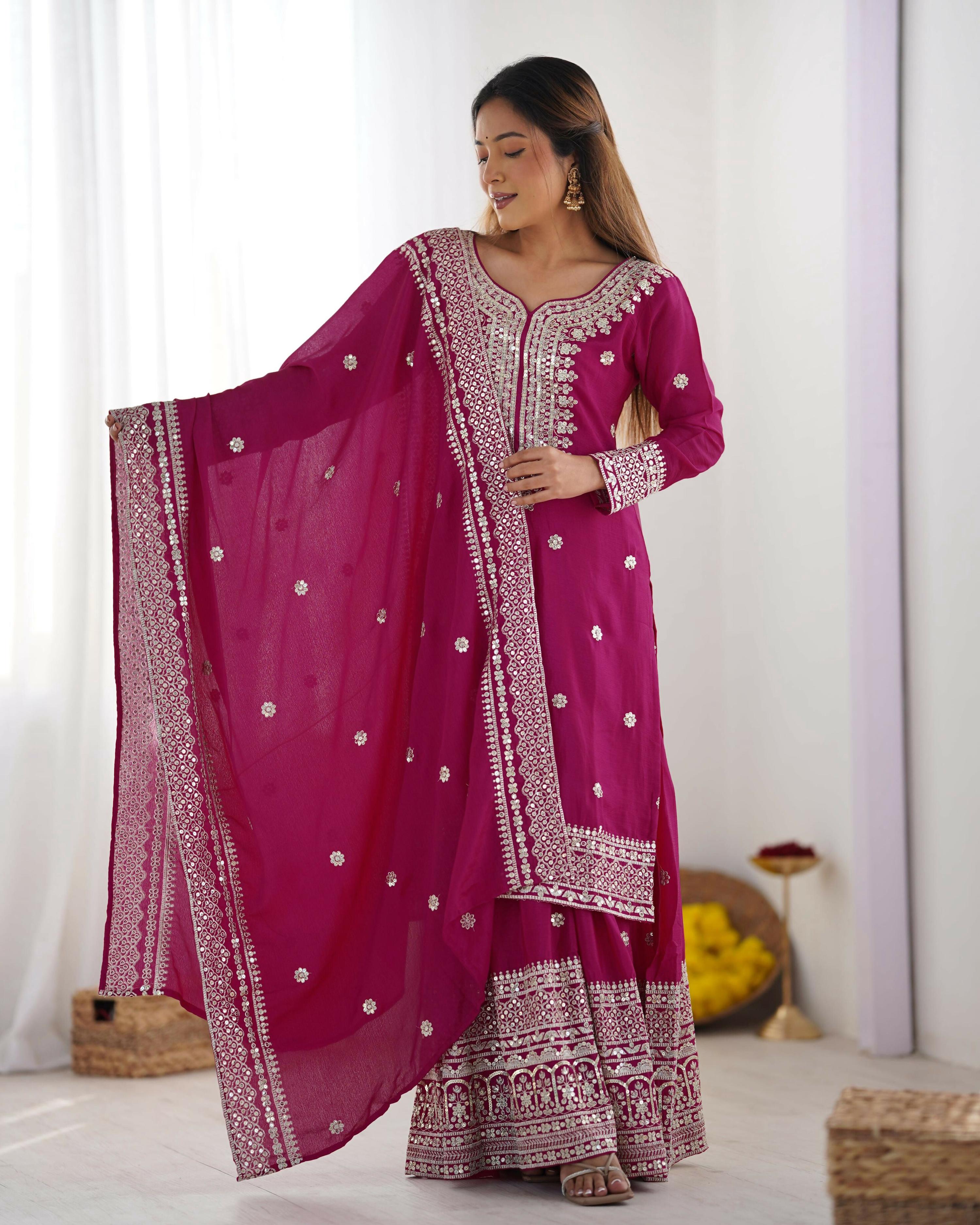 Teeya Creation Pink Color Chinon Silk Heavy Embroidery Work Fully Stitched Salwar Suit - Distacart