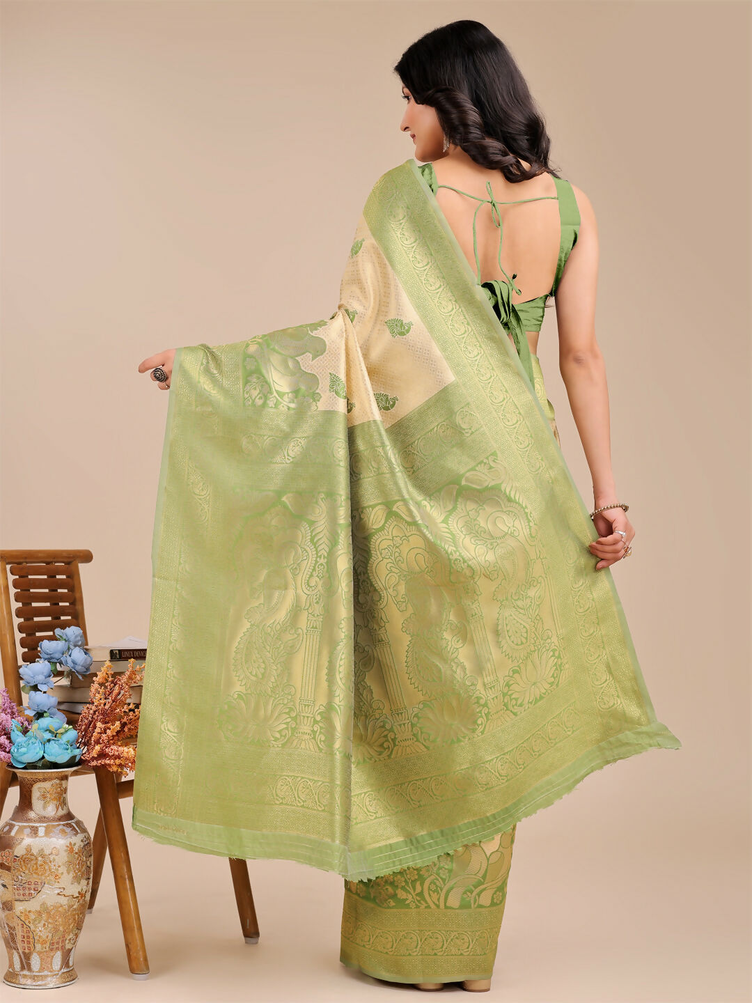 Astita Banarasi Silk Cream & Light Green Saree