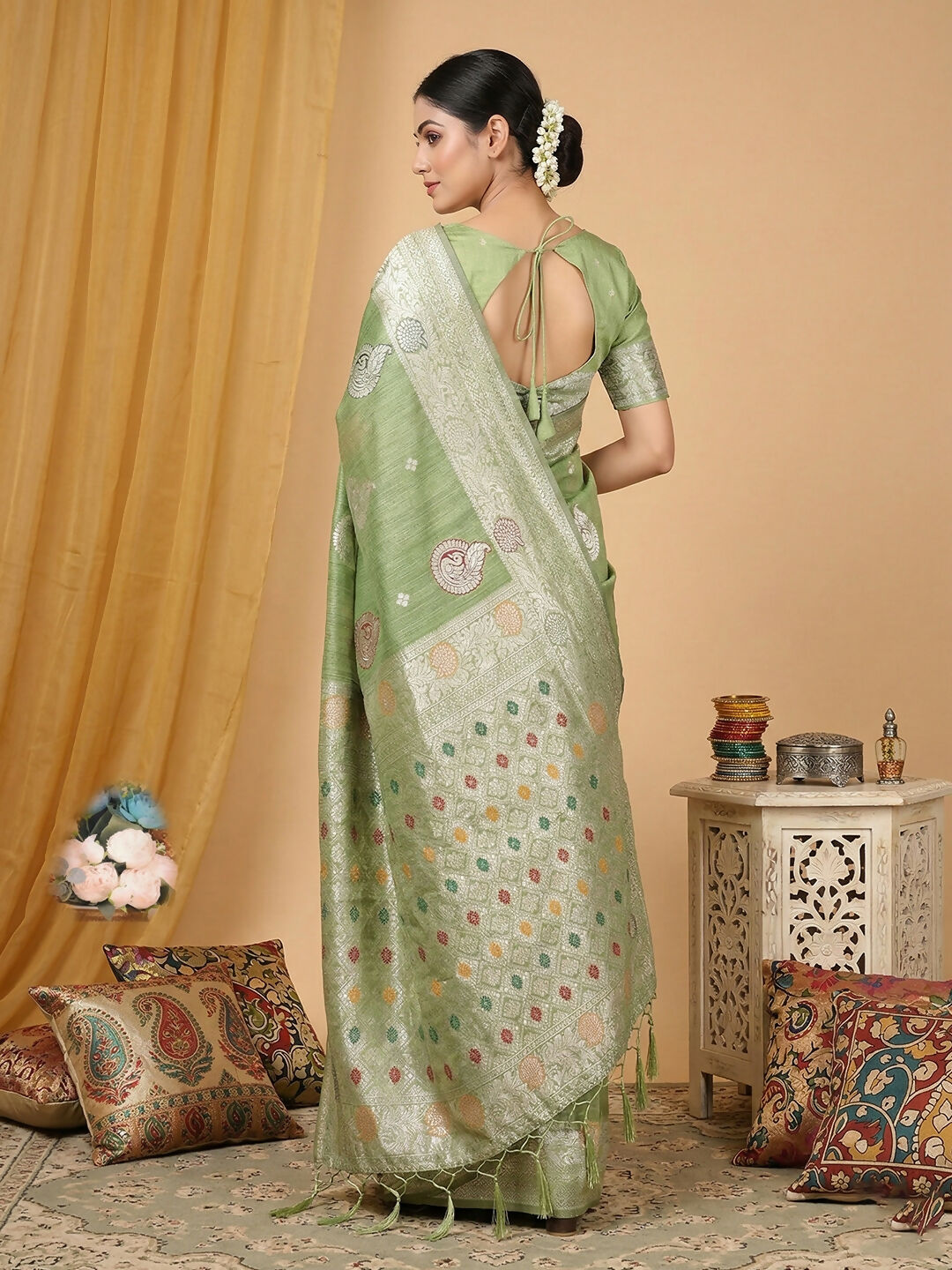 Shree Shyam Fashion Light Green Linen Cotton Saree - Distacart