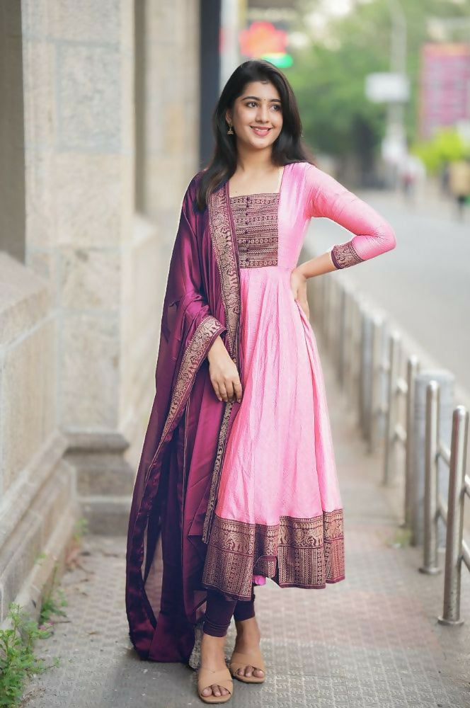 Teeya Creation Womens New Elegant Pink Anarkali Gown with Embroidered Yoke Contrasting Wine Dupatta Set - Dista
