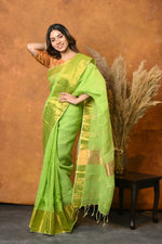 Thumbnail for Very Much Indian Handloom Pure Cotton Linen Saree With Golden Border - Light Green - Distacart