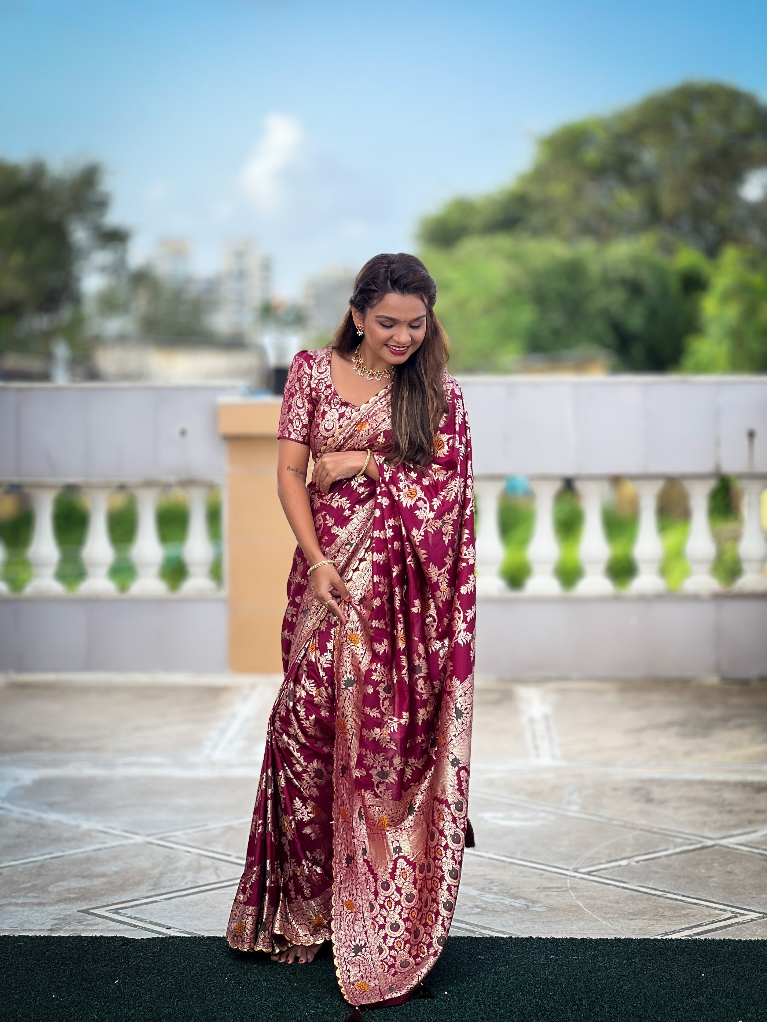 Vedant Vastram Soft Dola Silk Fancy Jacquard Bollywood Saree - Wine - Dista