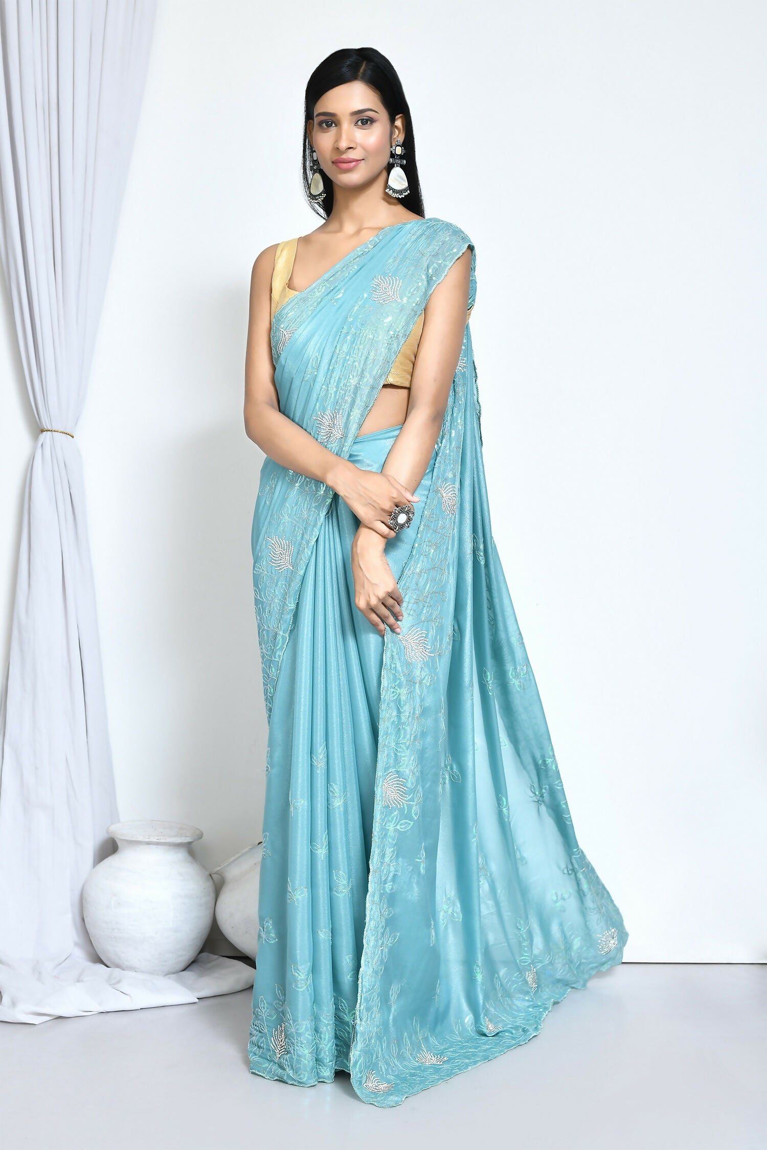 Blue Crepe Silk Sequence Embroidered with Stone work Saree - Nimaya Benzy - Distacart