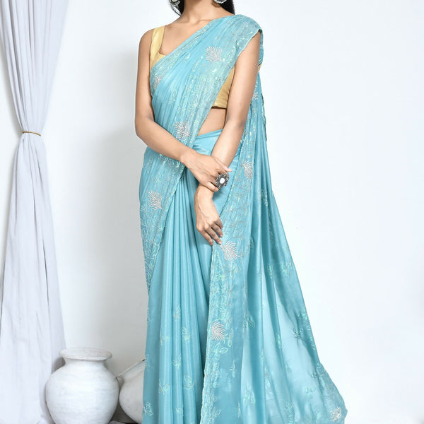 Blue Crepe Silk Sequence Embroidered with Stone work Saree - Nimaya Benzy - Distacart