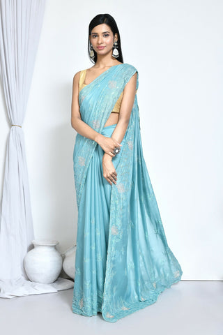 Blue Crepe Silk Sequence Embroidered with Stone work Saree - Nimaya Benzy - Distacart