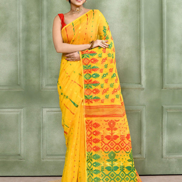 Piyari Fashion Women's Yellow Embellished Cotton Blend Jamdani Saree - Distacart
