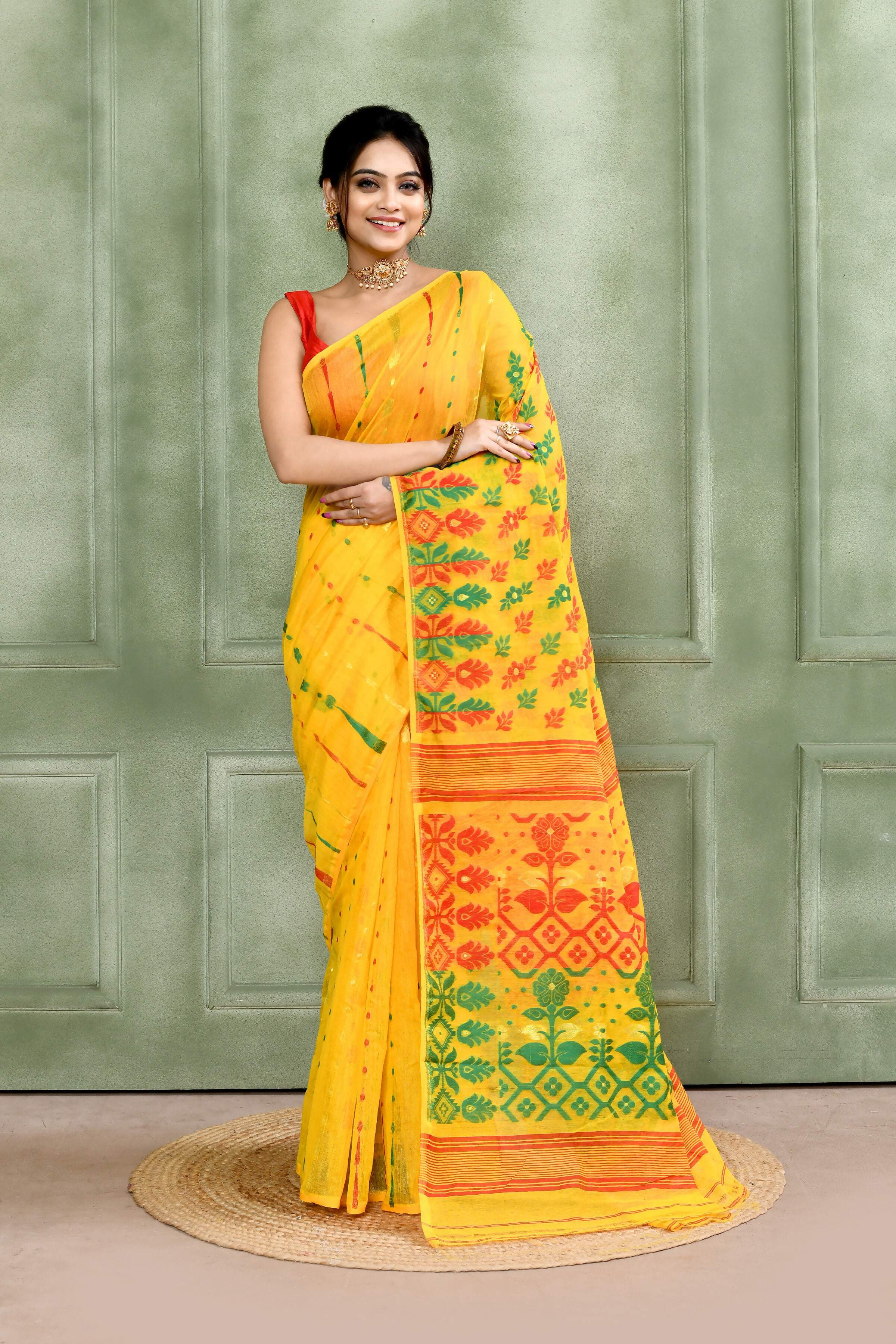 Piyari Fashion Women's Yellow Embellished Cotton Blend Jamdani Saree - Distacart