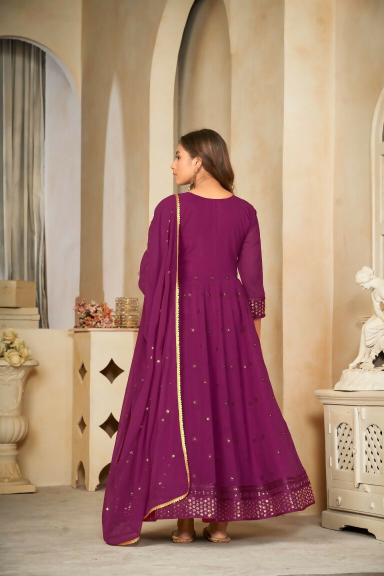Jyoti Fashion Women's Wine Georgette Embroidered Anarkali Kurta Pant Set With Dupatta - Distacart