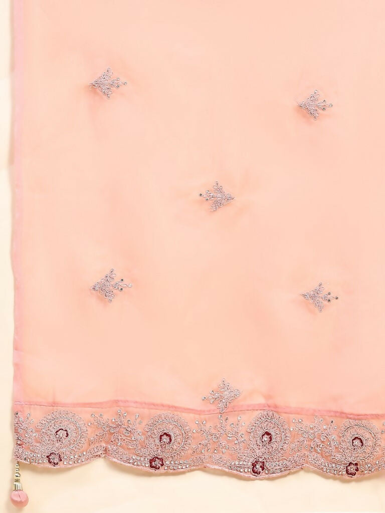 Peach Silk Embroidered Poncho Pattern Top & Lehenga with Dupatta - Tanya - Distacart